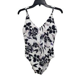 Aqua Culture Women's White Black‎ Floral Watercolor One Piece Swimsuit Size M